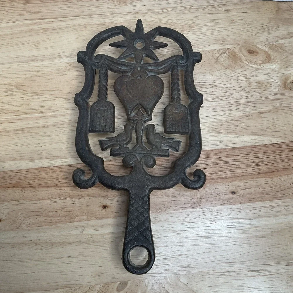 Vtg Dutch Cast Iron Metal Trivet Heart Dove Fork Bird Spoon Rest Old Tool Wilton